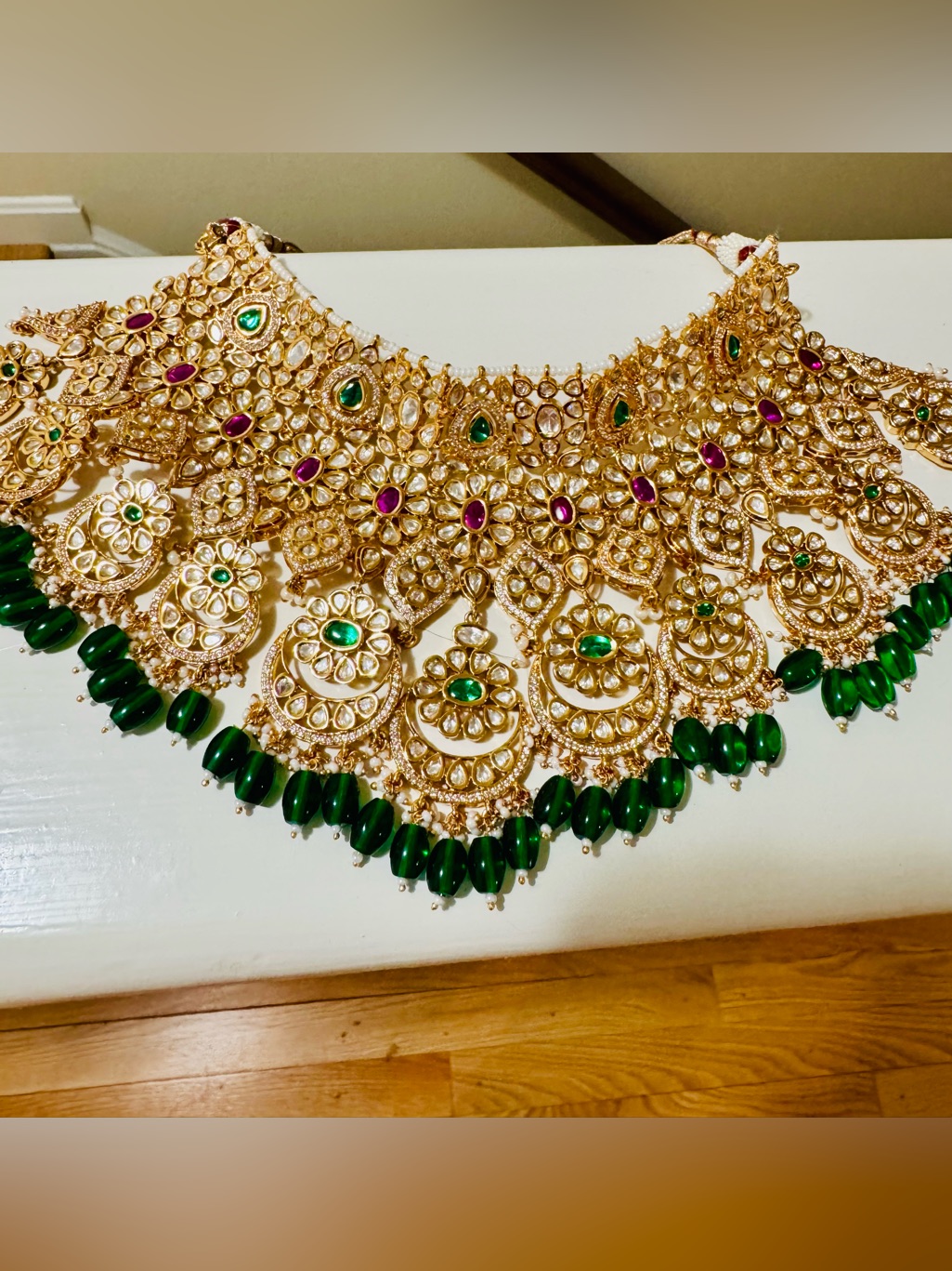 Traditional Gold-Tone Kundan Necklace With Green And Pink Stones